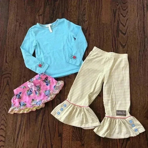 Bundle x3: Matilda Jane Girls 4 Blue Top, Green Flare Pants, Pink Floral Shorts - Picture 1 of 11